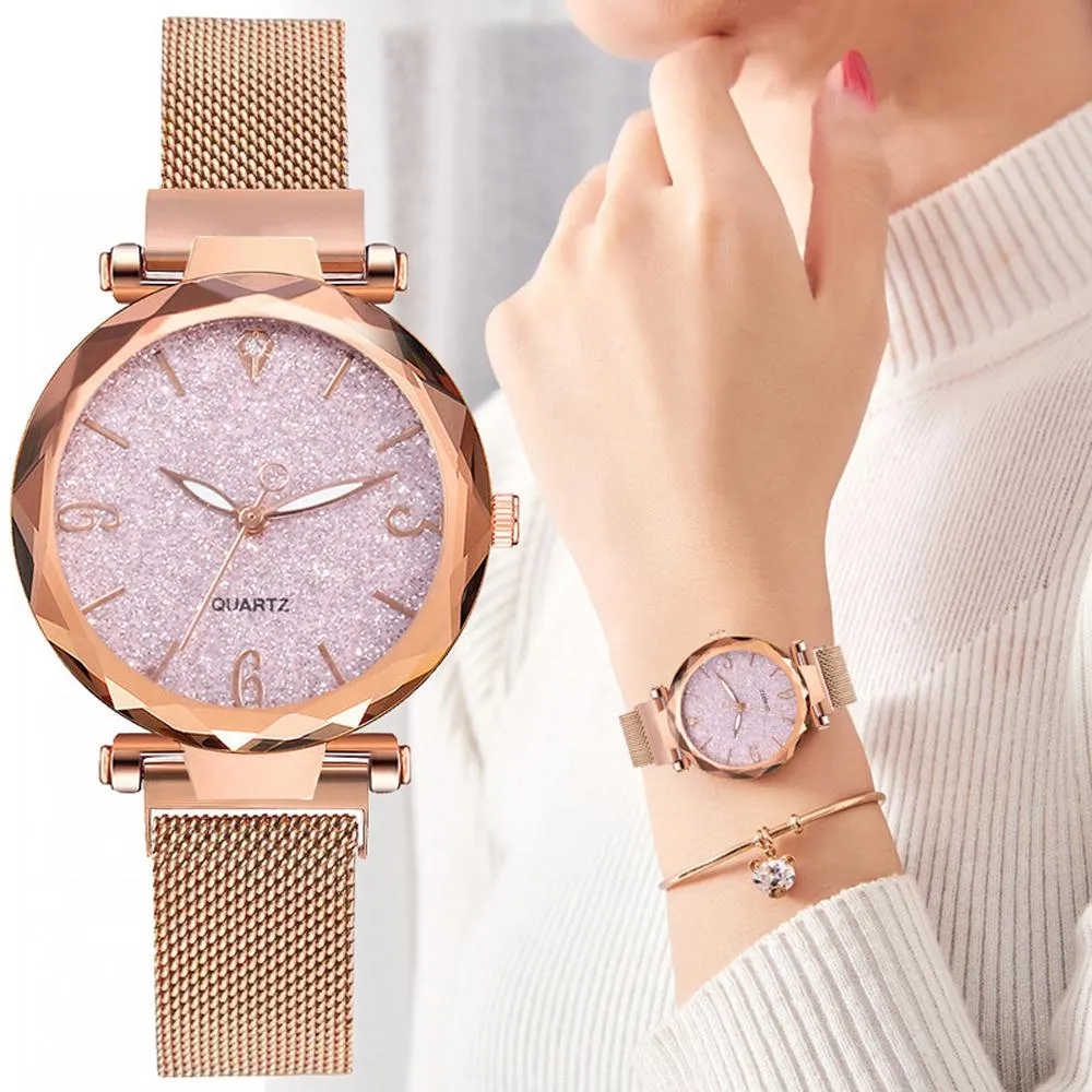 Rose Gold Women Watch 2021 Top Brand Luxury Magnetic Starry Sky Lady Wrist Watch