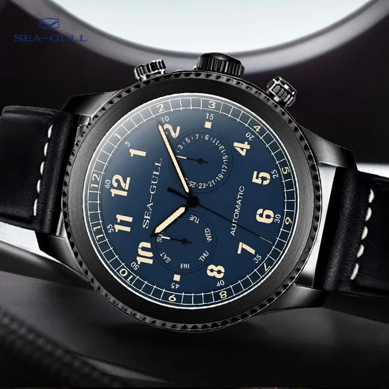SEA-GULL  Men's Mechanical Wristwatch with day date complication -  Leather strap  819.13.6080