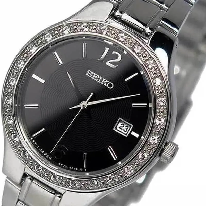 Seiko SUR785 Women's Stainless Steel Silver Bracelet Band Black Dial Watch