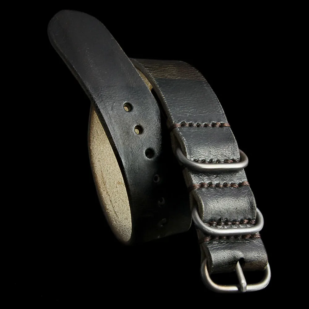 Single Pass Leather Watch Strap, 3-Ring Military 107