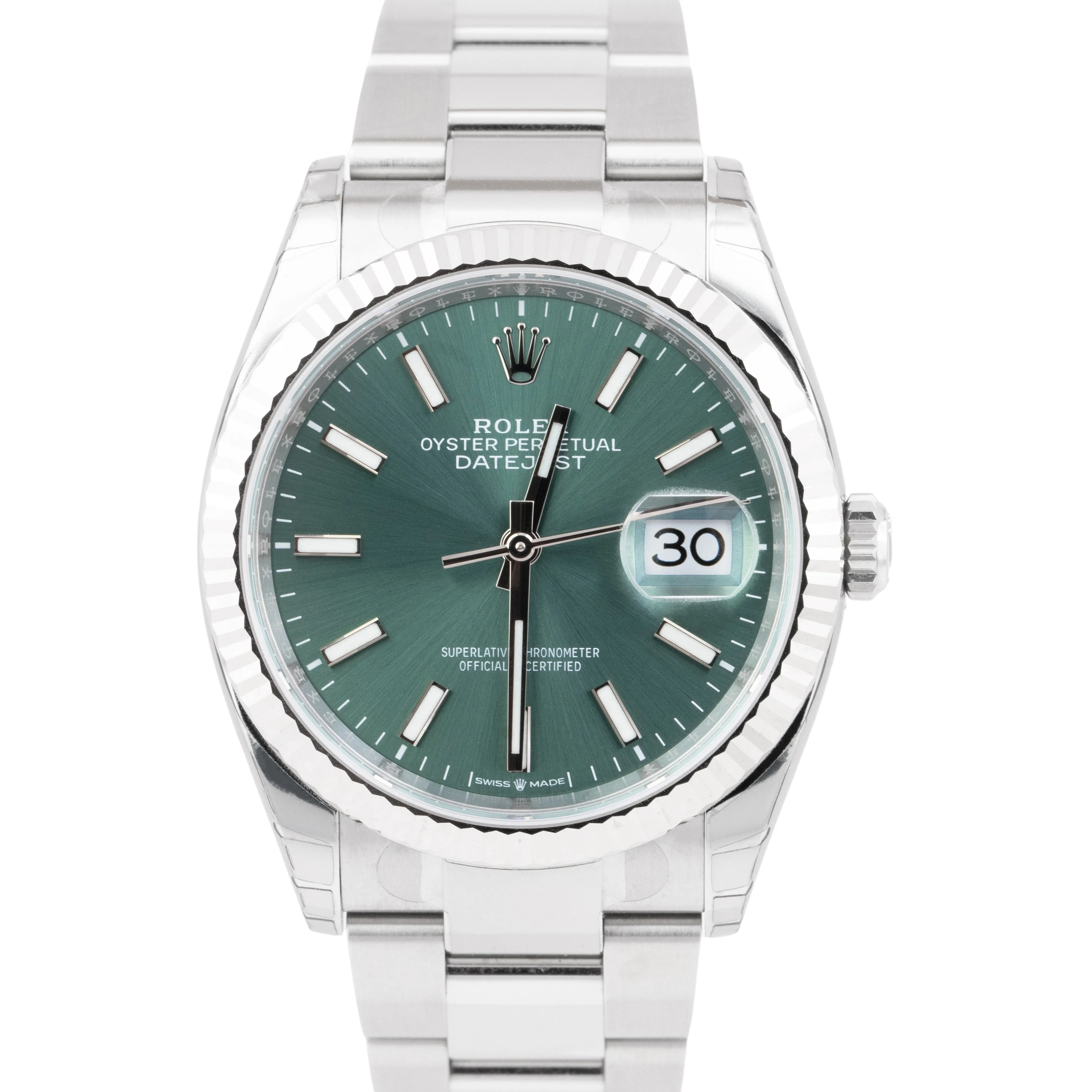 STICKERED 2022 Rolex DateJust 36mm Mint Green Steel 18K Gold Oyster Watch 126234