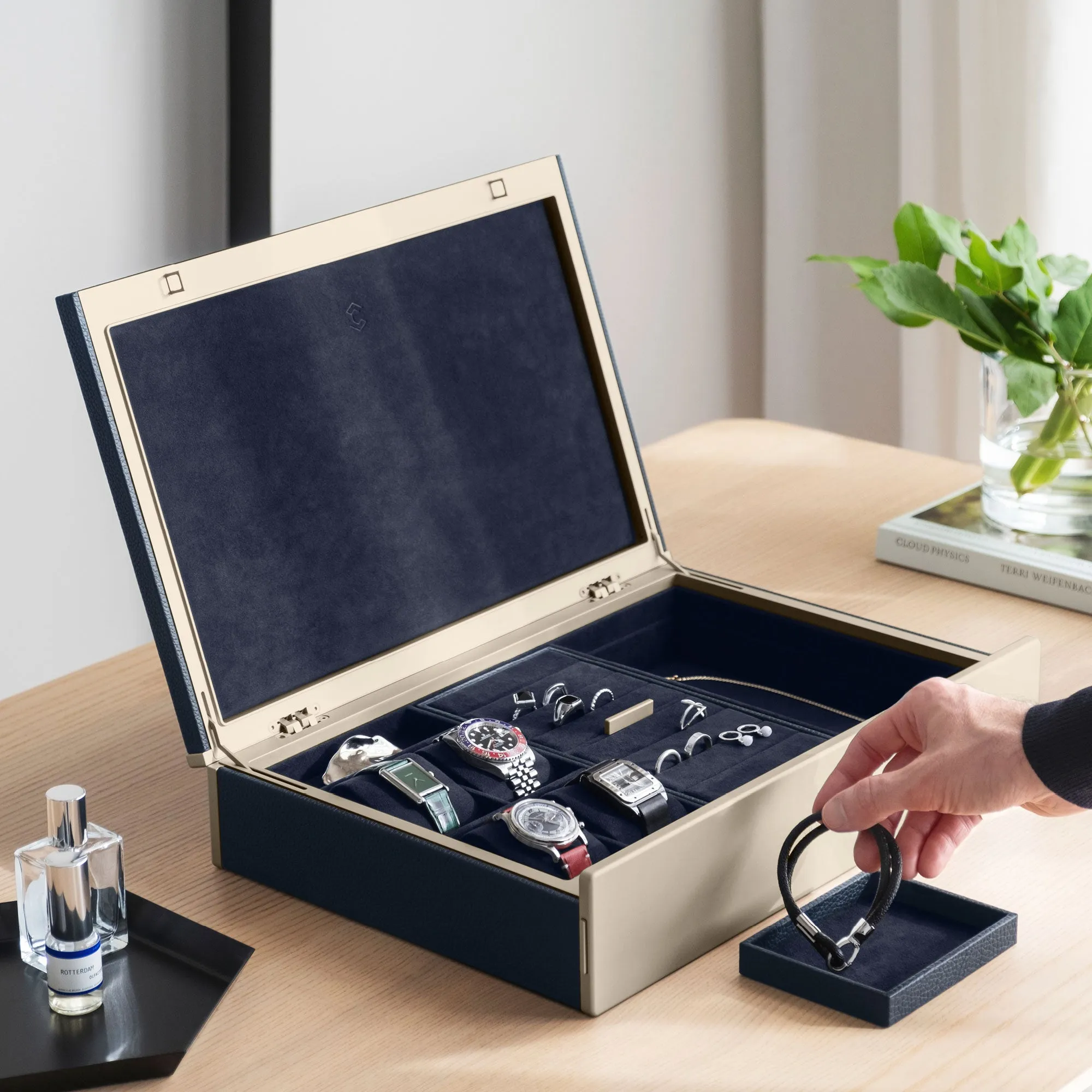 TAYLOR 4 WATCH AND JEWELRY BOX - MARINE / CHAMPAGNE