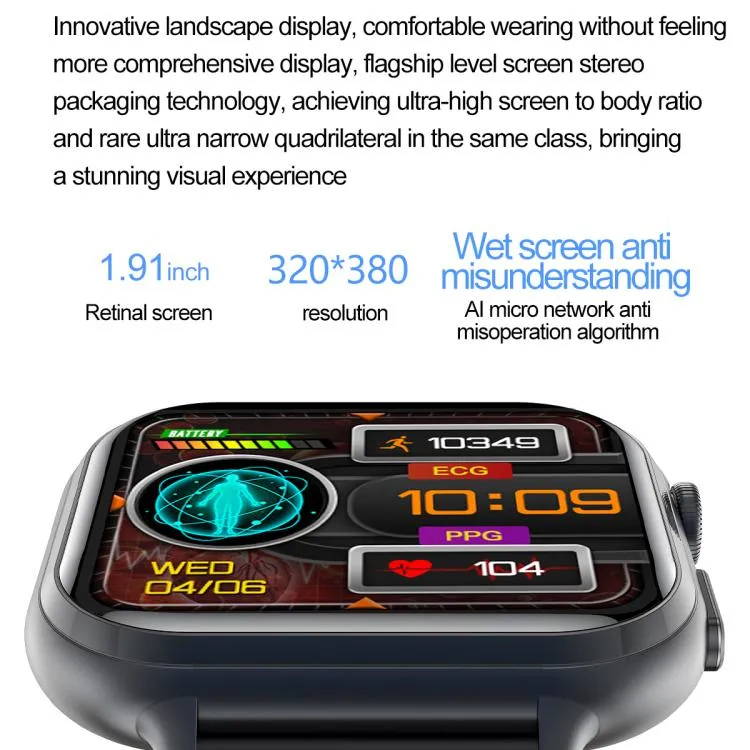 TK17 1.91 inch Horizontal Screen Steel Strap Smart Watch Supports ECG Electrocardiogram(Black)