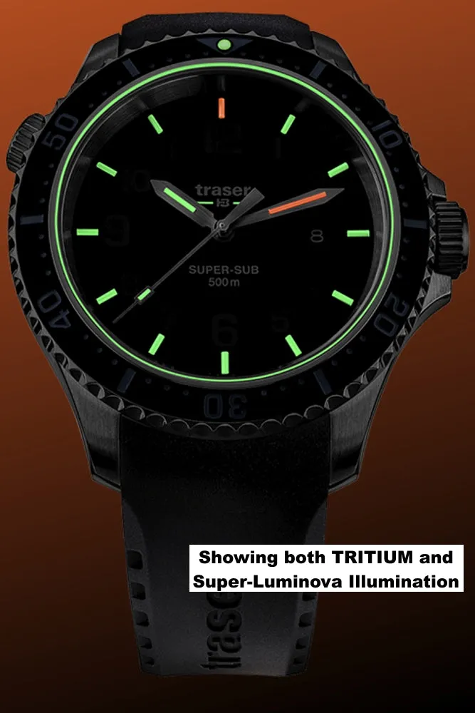 Traser P67 Super-Sub 500 Meter TRITIUM Professional Dive Watch, Black Dial, Rubber Dive Strap 109377