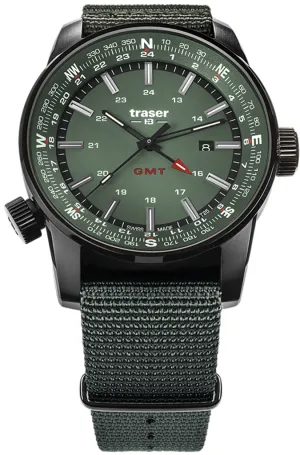 traser® P68 Pathfinder GMT Tritium Watch, Dual Time, Green Dial and Green Nylon Strap 109035