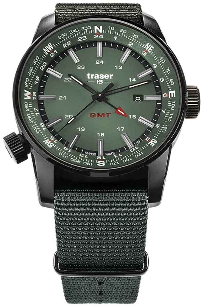 traser® P68 Pathfinder GMT Tritium Watch, Dual Time, Green Dial and Green Nylon Strap 109035