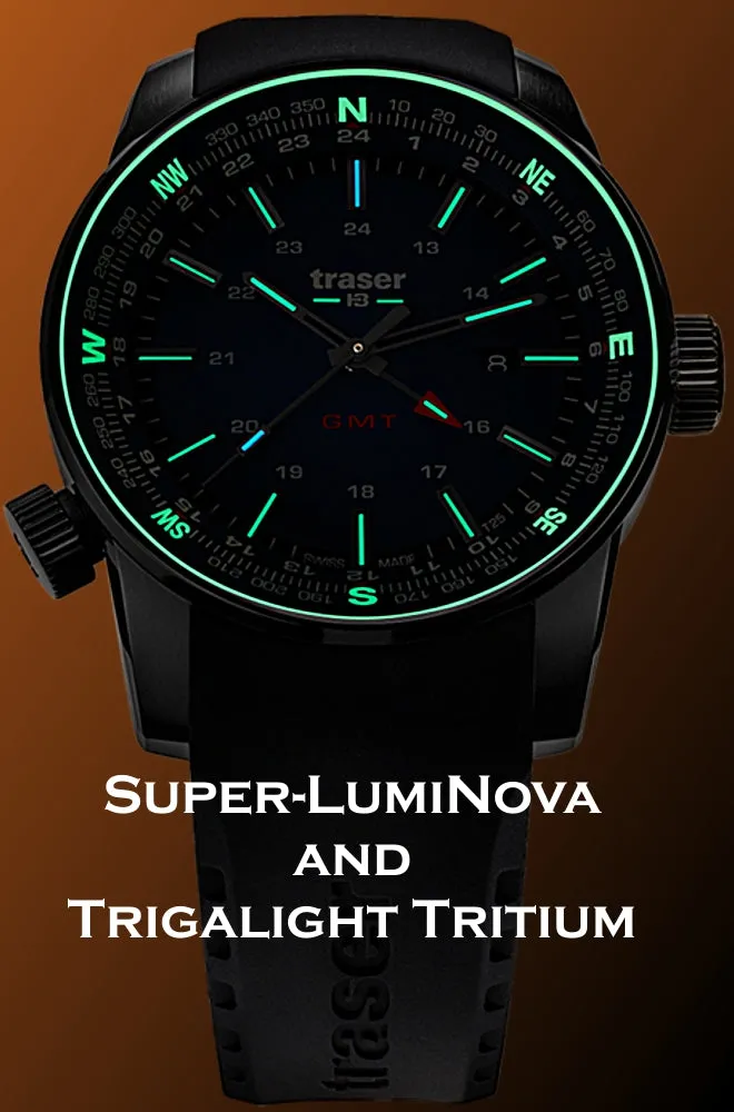 Traser P68 Pathfinder GMT Tritium Watch, Dual Time, Green Dial, Rubber Dive Strap 109744