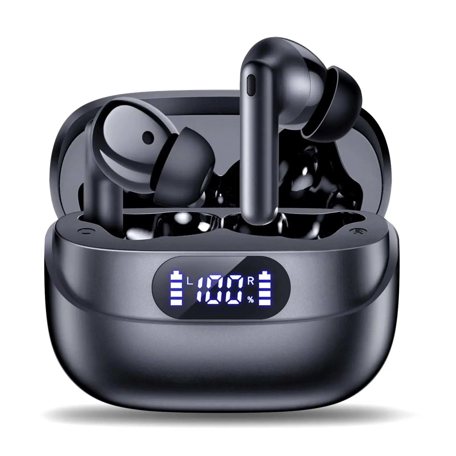 TUMJUN Wireless Earbuds 42H Playtime Bluetooth 5.3 Headphones HiFi Stereo Call Noise Cancelling Earbuds IPX7 Waterproof Stereo in-Ear Earphones with LED Display for iOS Android (Black)