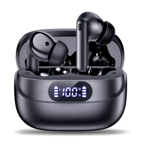 TUMJUN Wireless Earbuds 42H Playtime Bluetooth 5.3 Headphones HiFi Stereo Call Noise Cancelling Earbuds IPX7 Waterproof Stereo in-Ear Earphones with LED Display for iOS Android (Black)