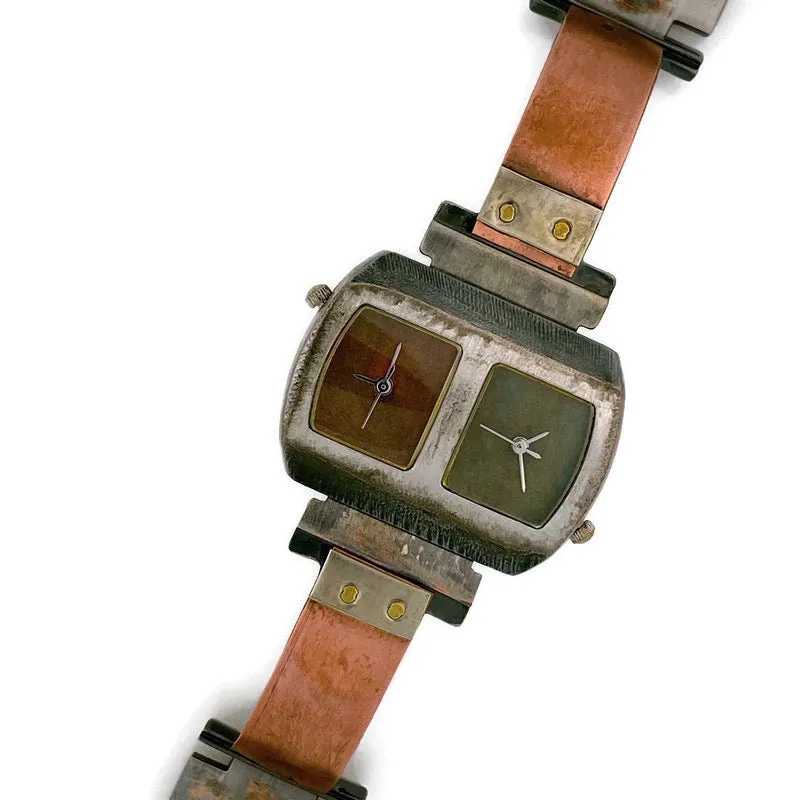 Two Time Zones Silver & Copper Watch, Copper & Green Dials