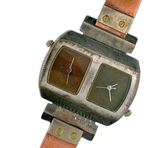 Two Time Zones Silver & Copper Watch, Copper & Green Dials