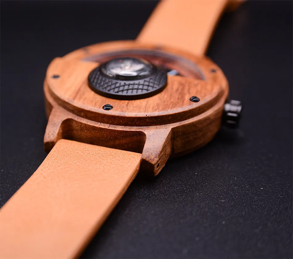 UXD Handmade Compass Natural Wood Watch For Men With Leather Strap