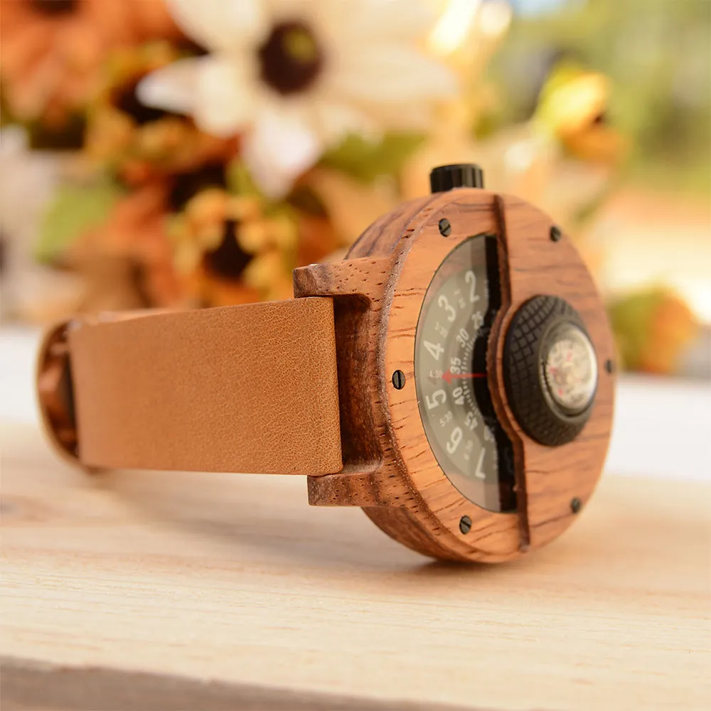 UXD Handmade Compass Natural Wood Watch For Men With Leather Strap