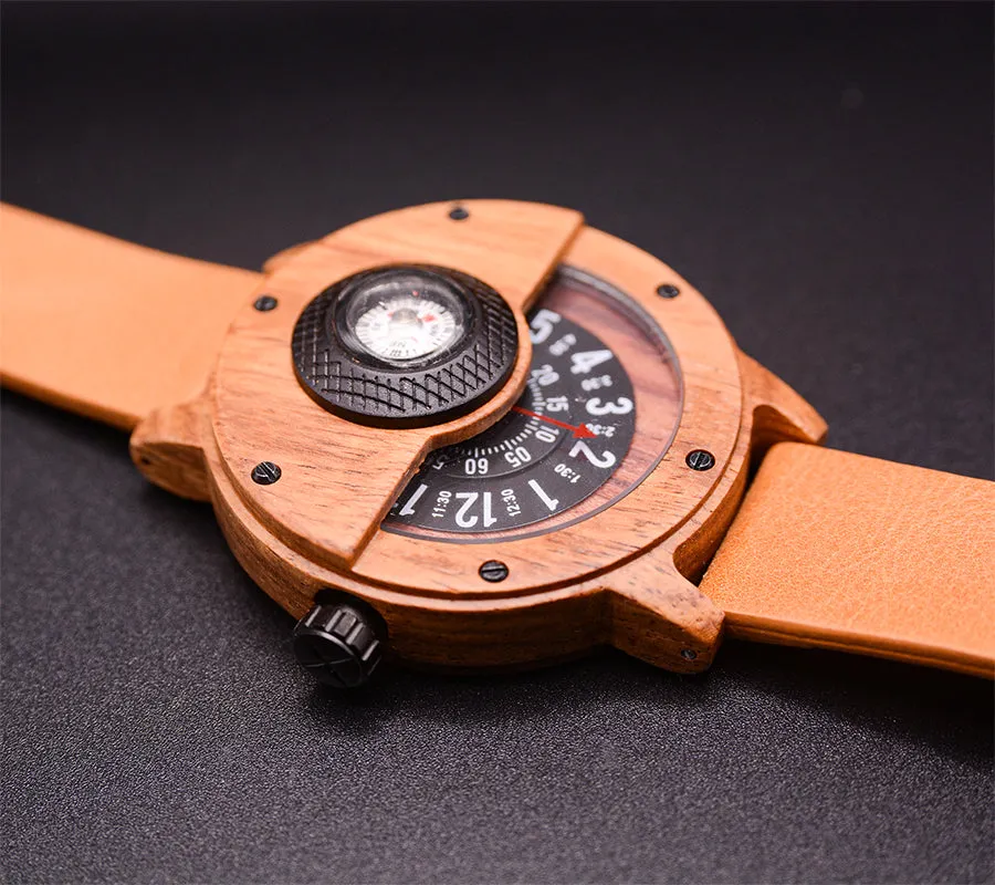 UXD Handmade Compass Natural Wood Watch For Men With Leather Strap