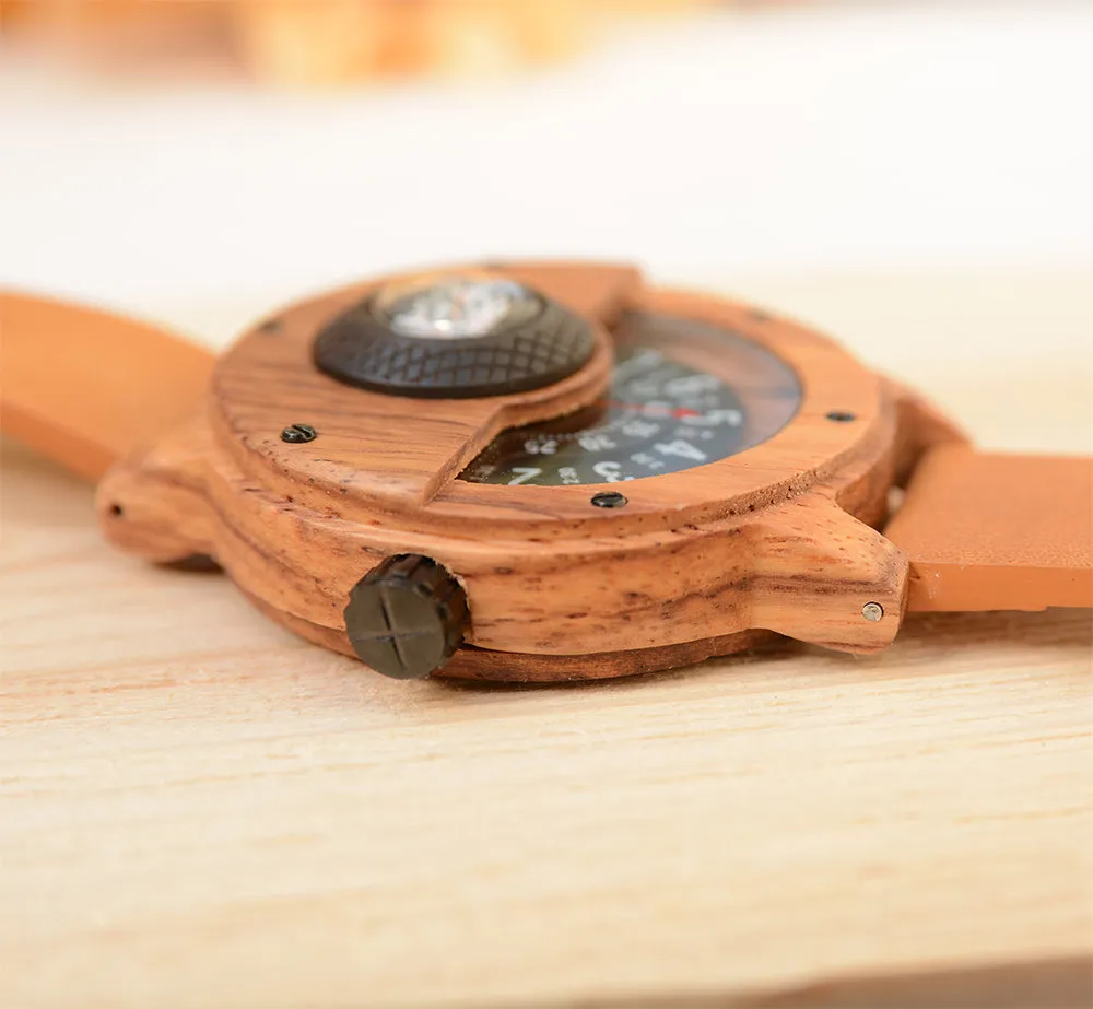 UXD Handmade Compass Natural Wood Watch For Men With Leather Strap