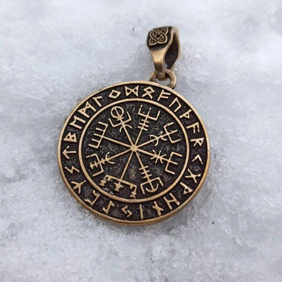 Vegvisir in circle of Elder Futhark runes bronze pendant