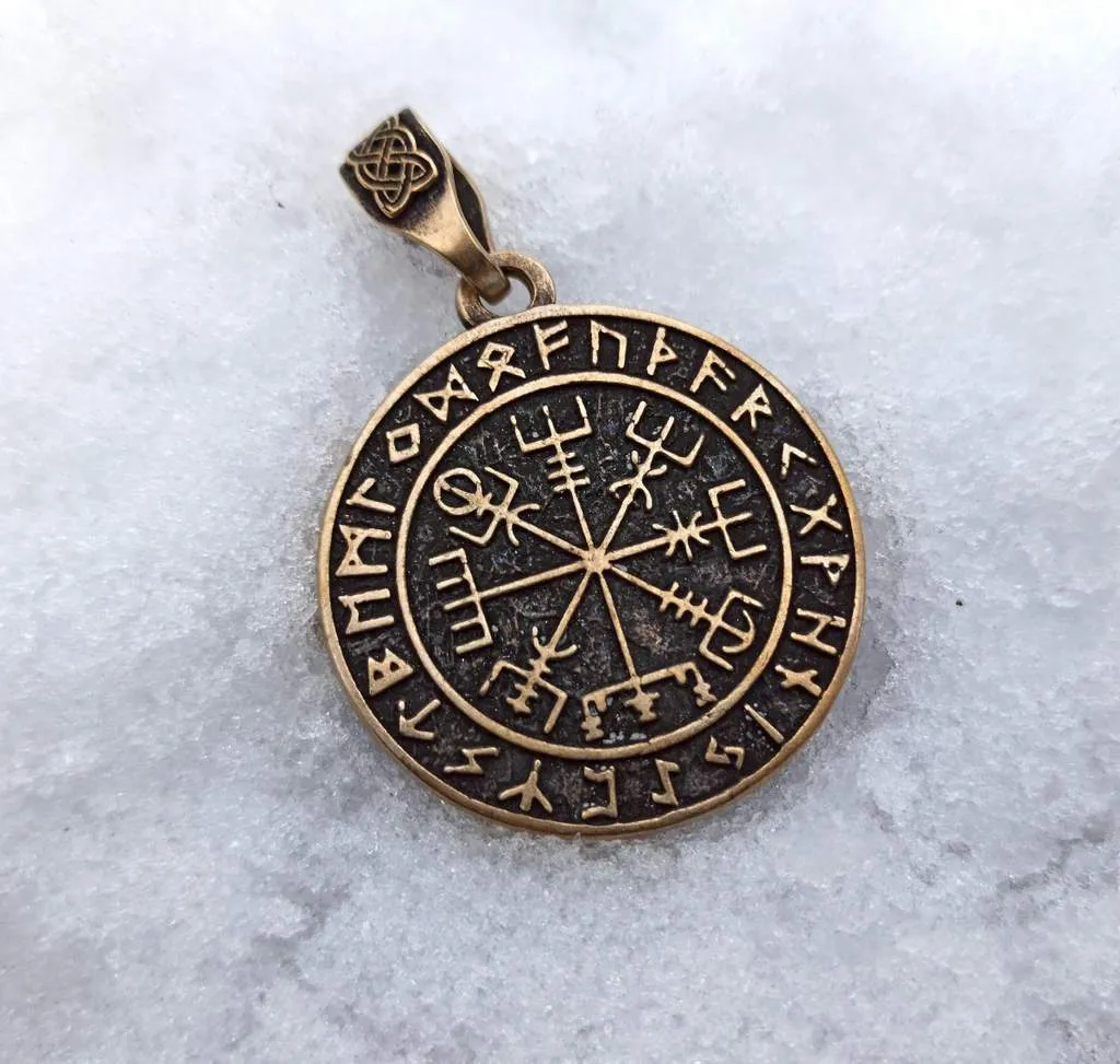Vegvisir in circle of Elder Futhark runes bronze pendant