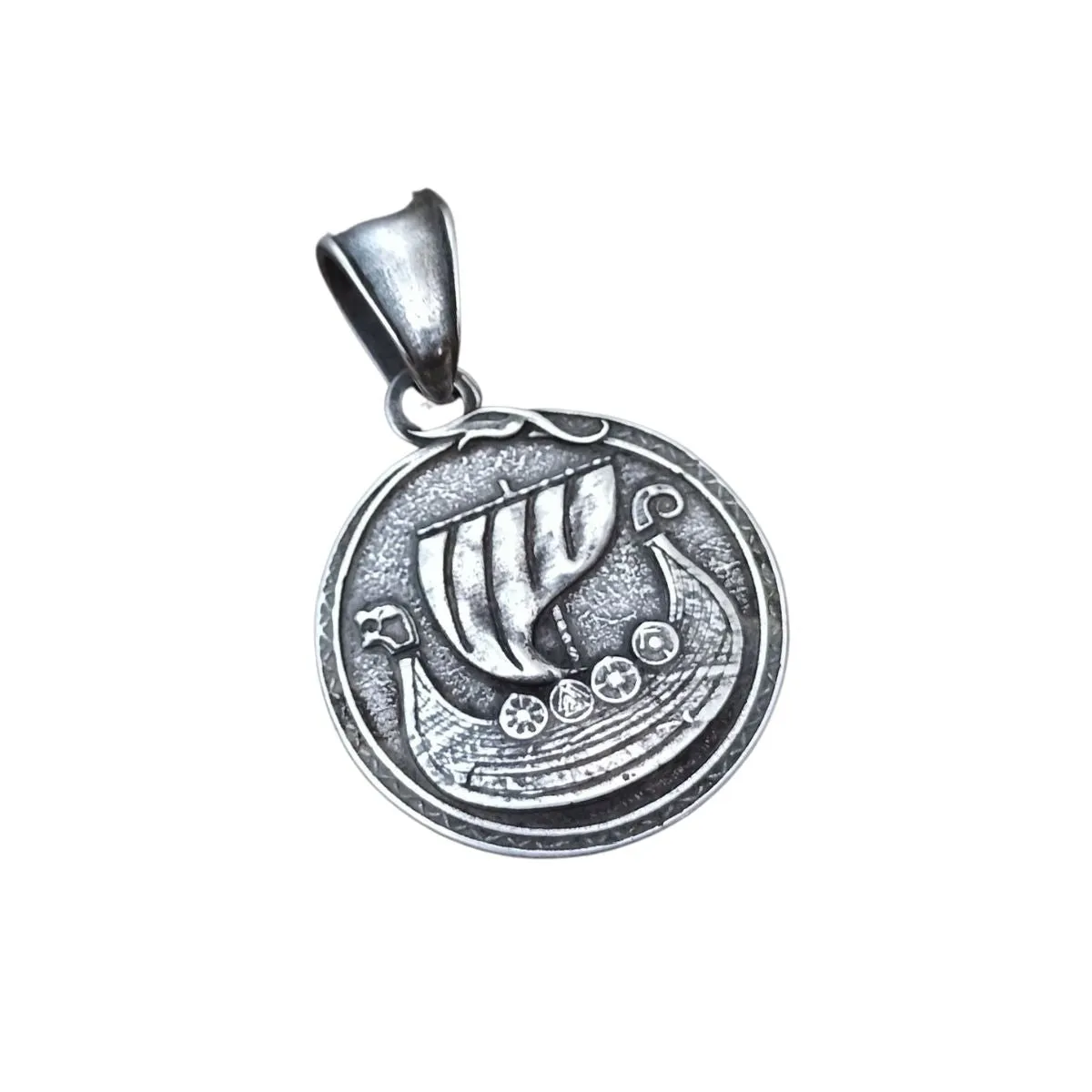 Viking long ship with Vegvisir symbol silver plated pendant