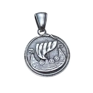 Viking long ship with Vegvisir symbol silver plated pendant