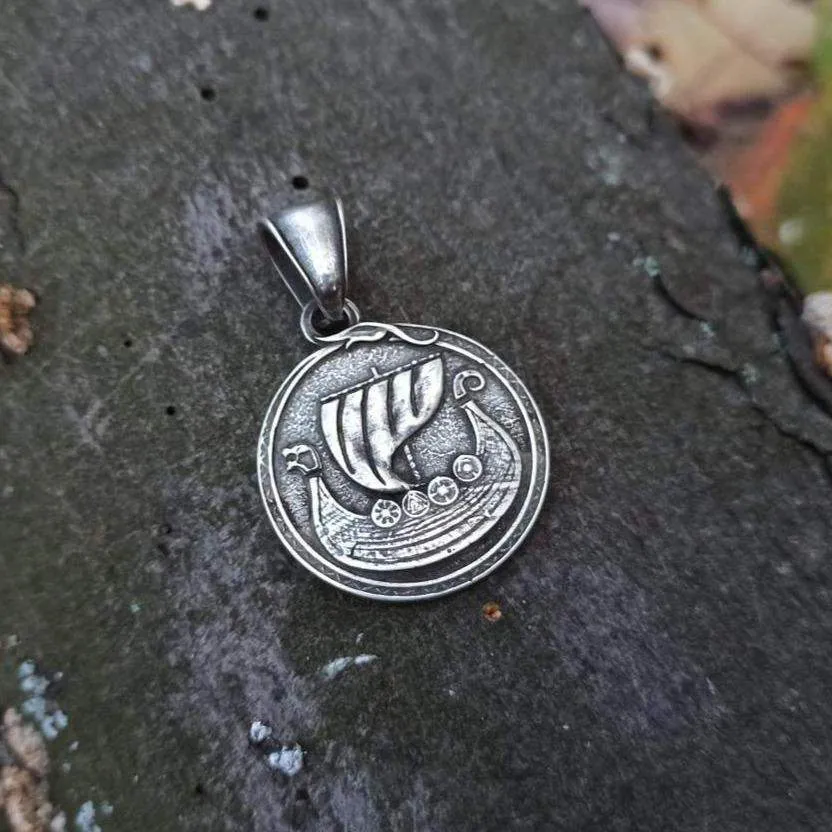 Viking long ship with Vegvisir symbol silver plated pendant