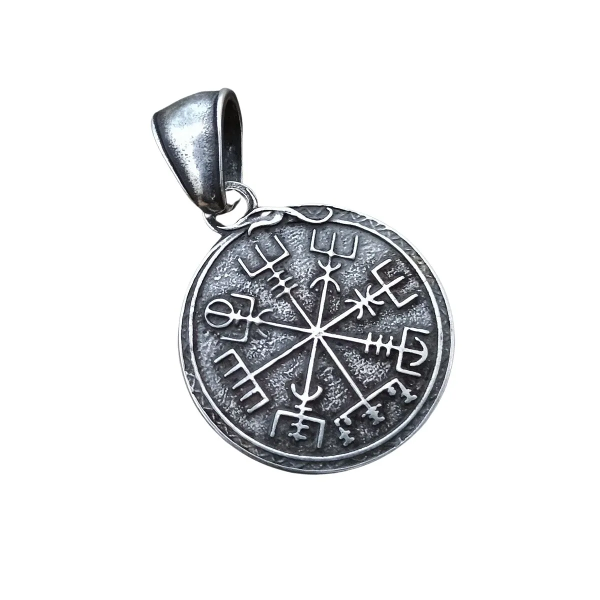 Viking long ship with Vegvisir symbol silver plated pendant