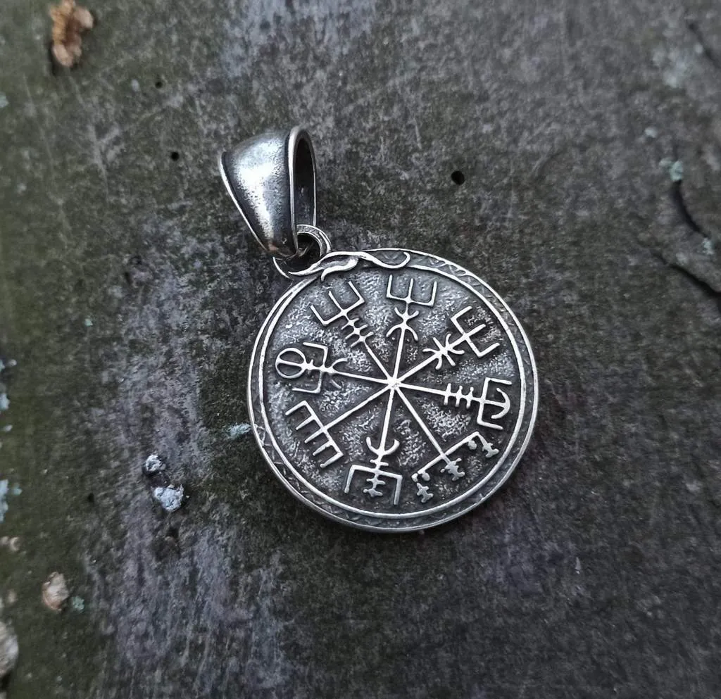 Viking long ship with Vegvisir symbol silver plated pendant