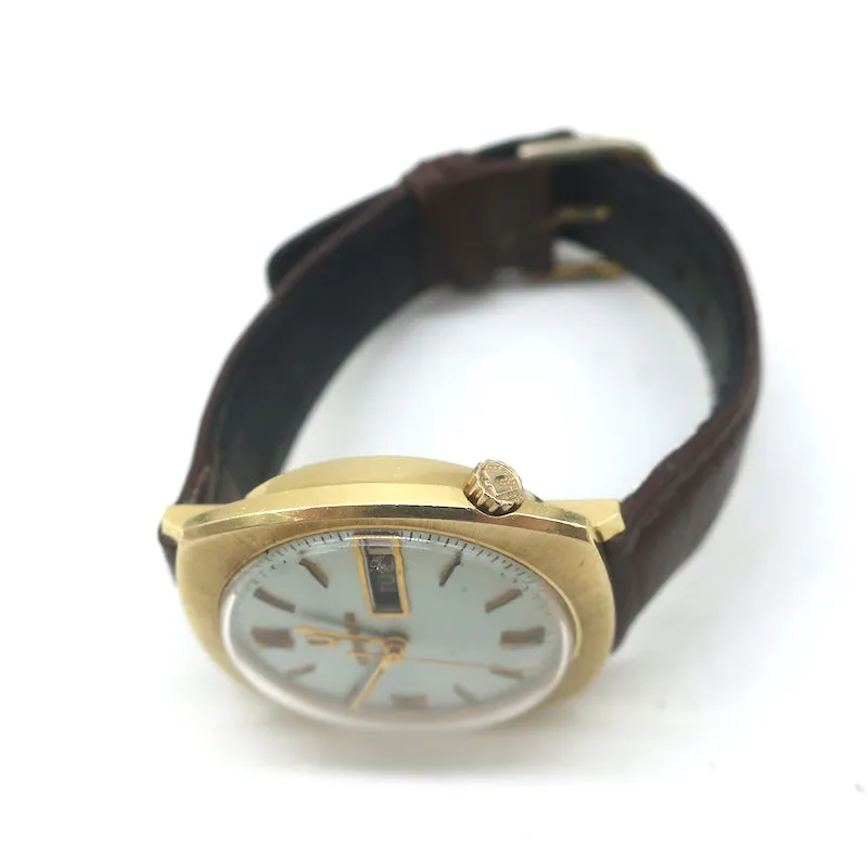 Vintage 1950s Bulova Accutron Day Date 14k Gold Watch with Brown Leather Band