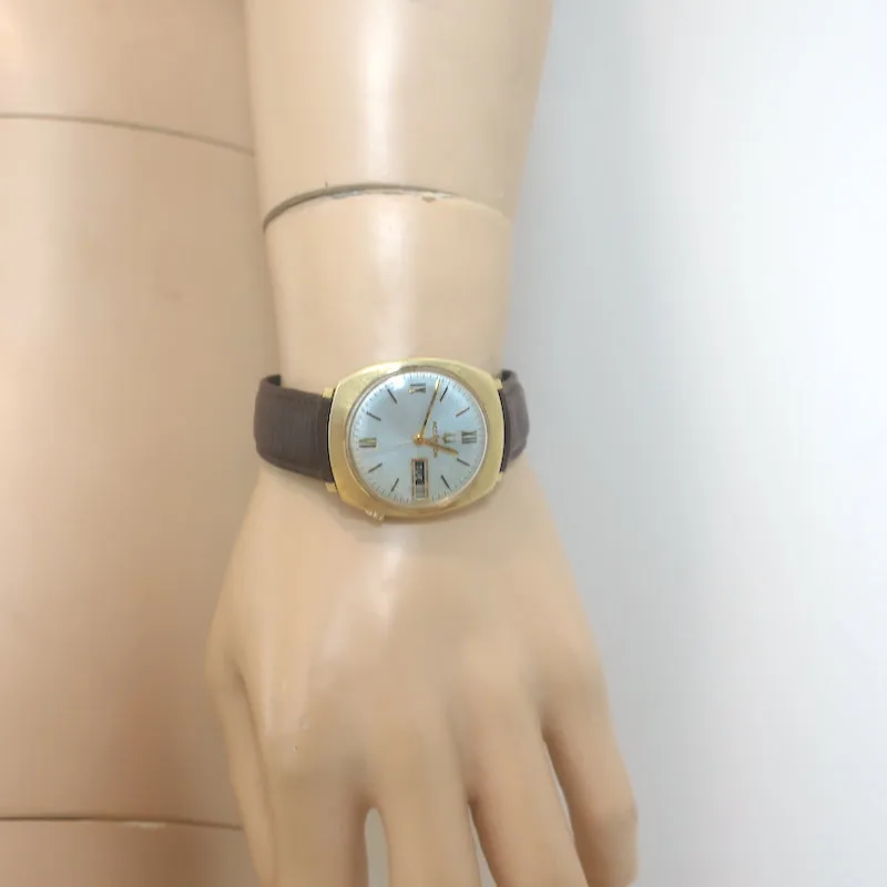 Vintage 1950s Bulova Accutron Day Date 14k Gold Watch with Brown Leather Band