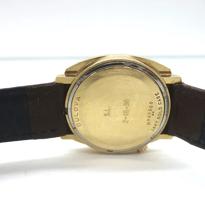 Vintage 1950s Bulova Accutron Day Date 14k Gold Watch with Brown Leather Band