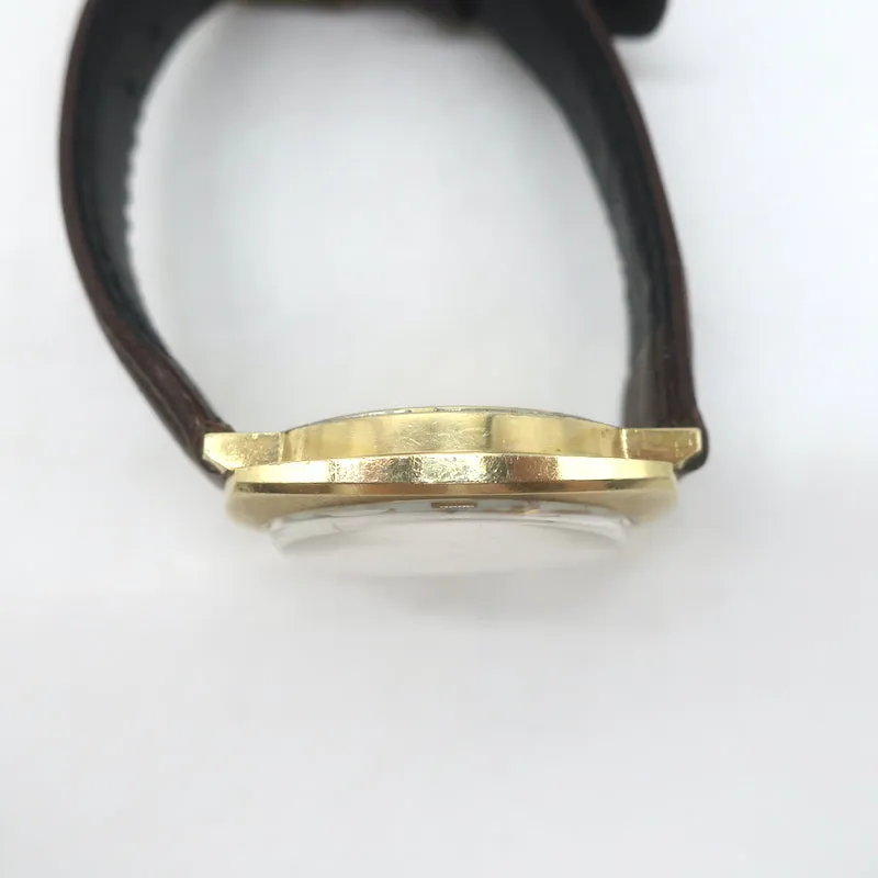 Vintage 1950s Bulova Accutron Day Date 14k Gold Watch with Brown Leather Band