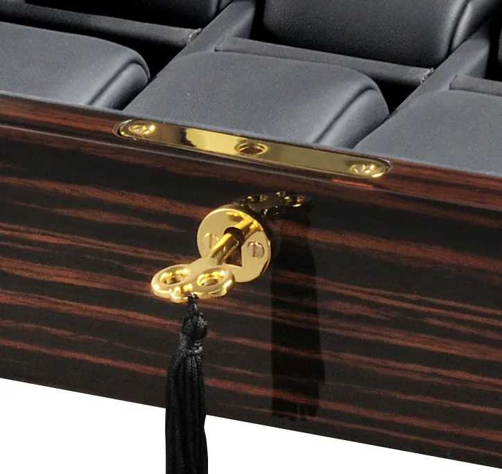 Volta Ebony Wood 8 Watch Case with Gold Accents and See Through Top (Black Leather Interior)