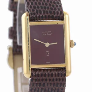 VTG Must de Cartier Tank Vermeil Gold Silver Quartz Burgundy Dial Watch 366001